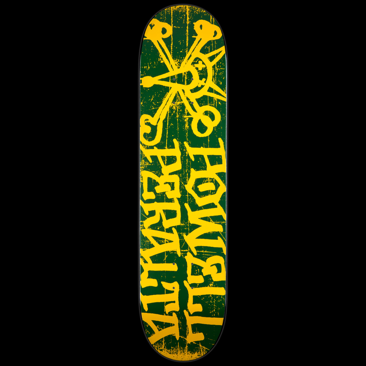 Powell Peralta LIGAMENT Vato Rat 4 skateboard deck: Dark green deck with a distressed yellow Bones Brigade-style Vato Rat emblem of a skull with crossed bones at top, and Powell Peralta in rough hand-lettered yellow capitals running below.