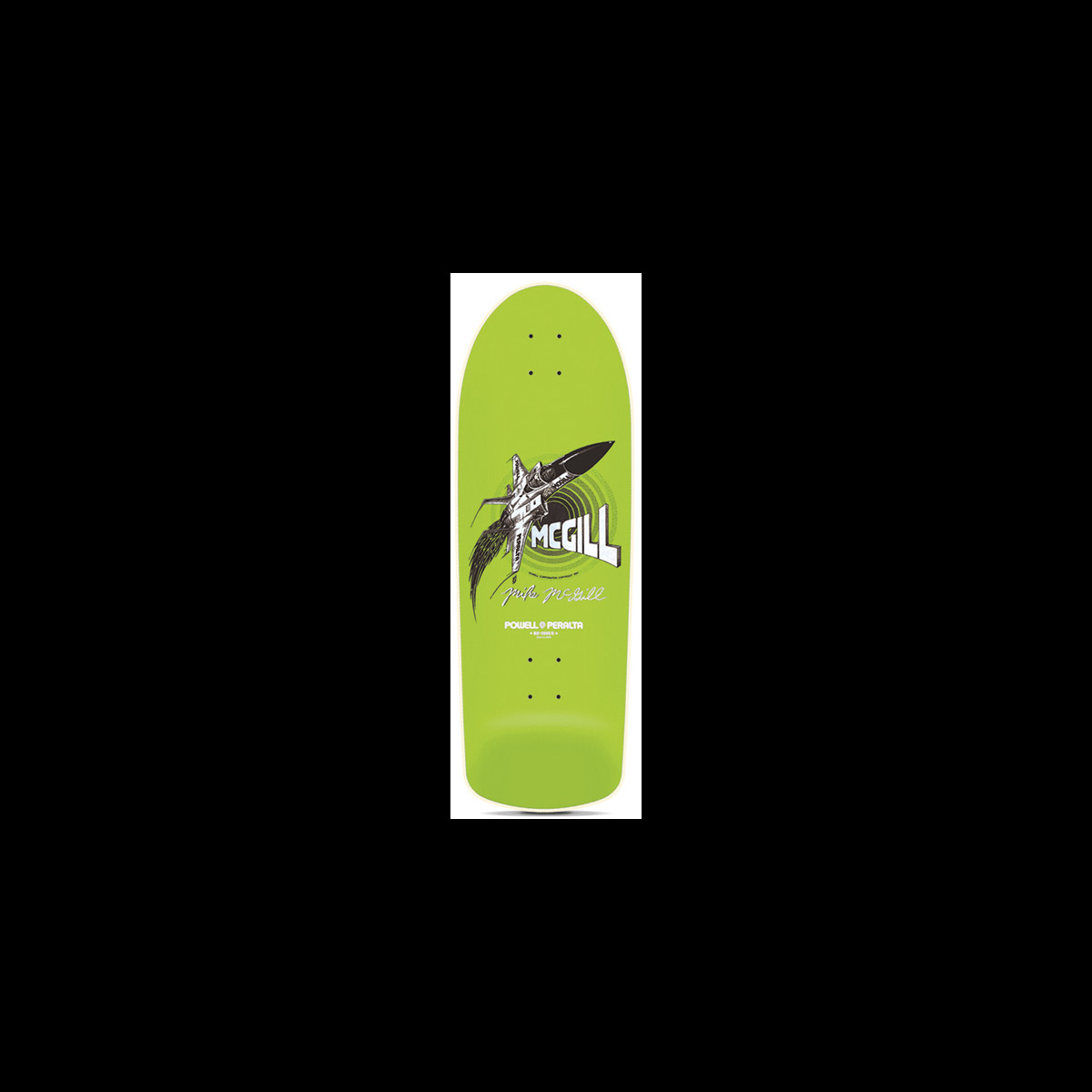 Powell Peralta McGill F-14 Jet Fighter skateboard deck: White illustrated F-14 jet fighter diving through concentric rings with the rider surname in large letters and a signature, on a lime green old-school deck. Powell Peralta logo at the bottom.