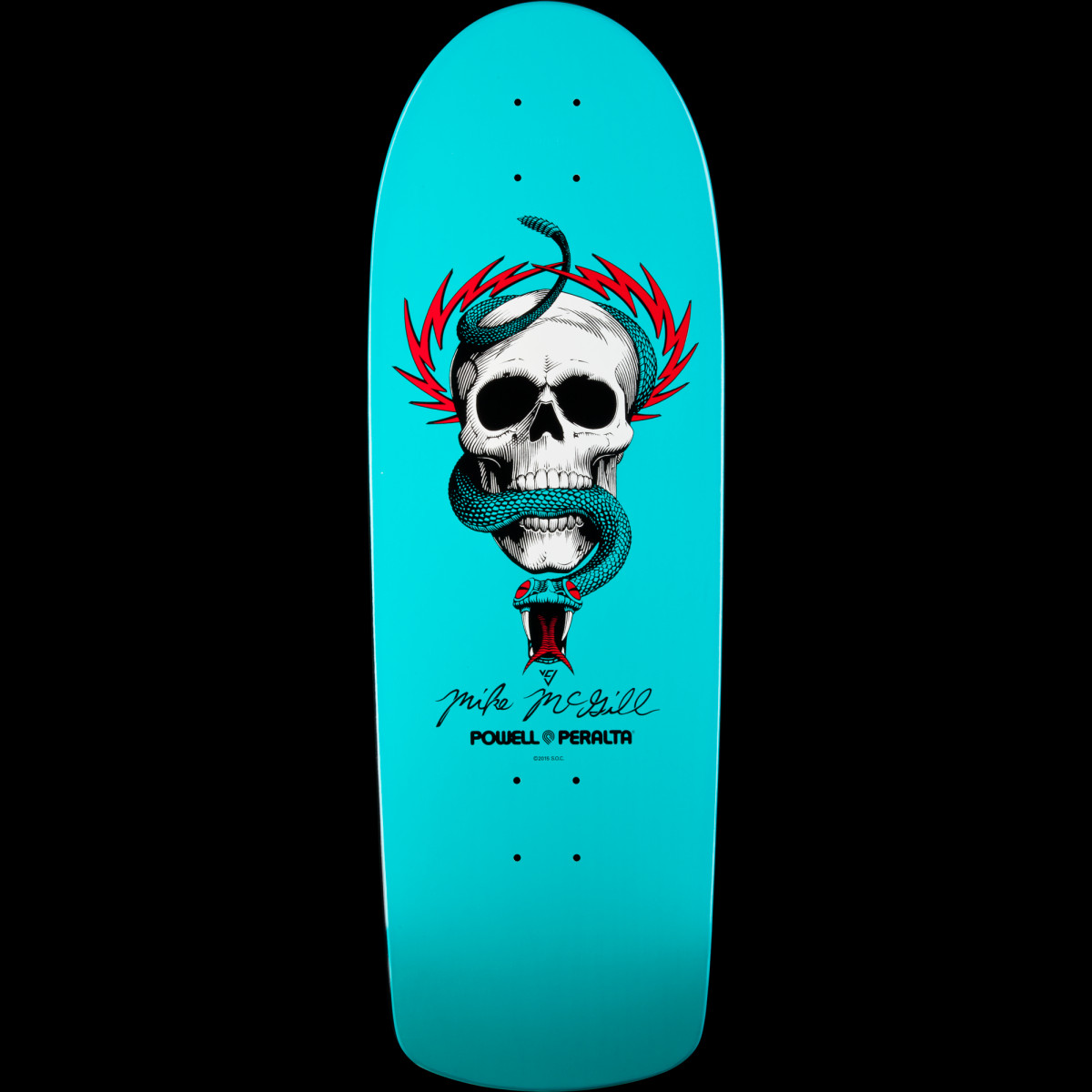 Powell Peralta McGill Skull and Snake Turquoise Blem skateboard deck: A white skull entwined with a teal snake, with red lightning-bolt shapes behind, on a turquoise deck. Mike McGill's signature and the Powell Peralta logo are printed beneath.