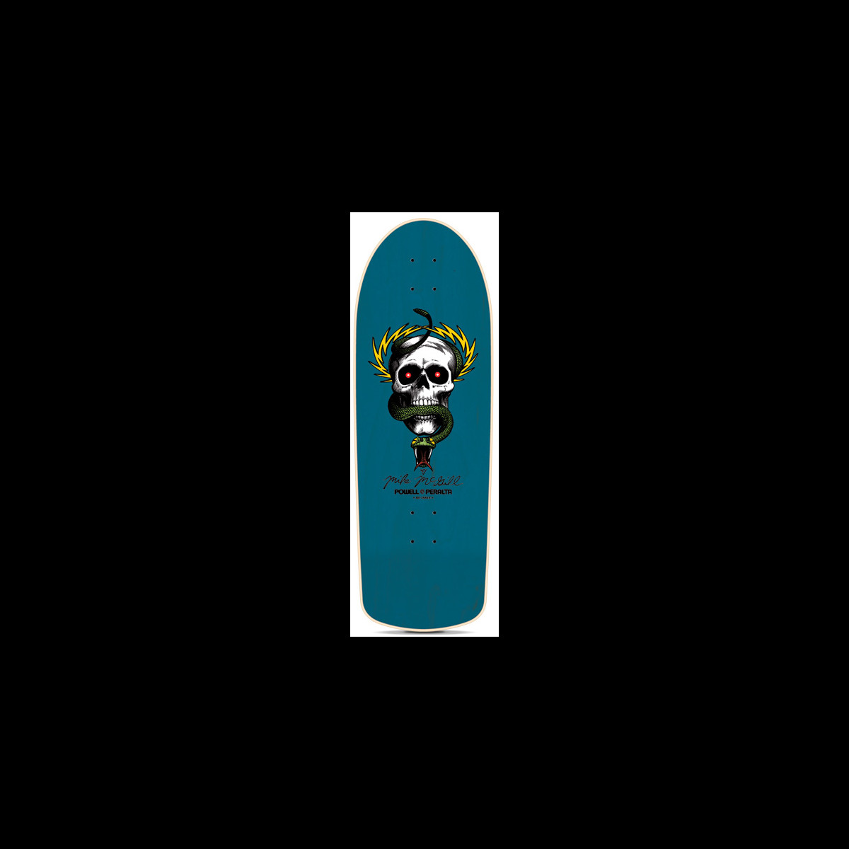 Powell Peralta McGill Skull & Snake Blue skateboard deck: Skull with red eyes and a green snake coiled through it, framed by yellow lightning bolts, with a signature and Powell Peralta logo below, on a blue deck.