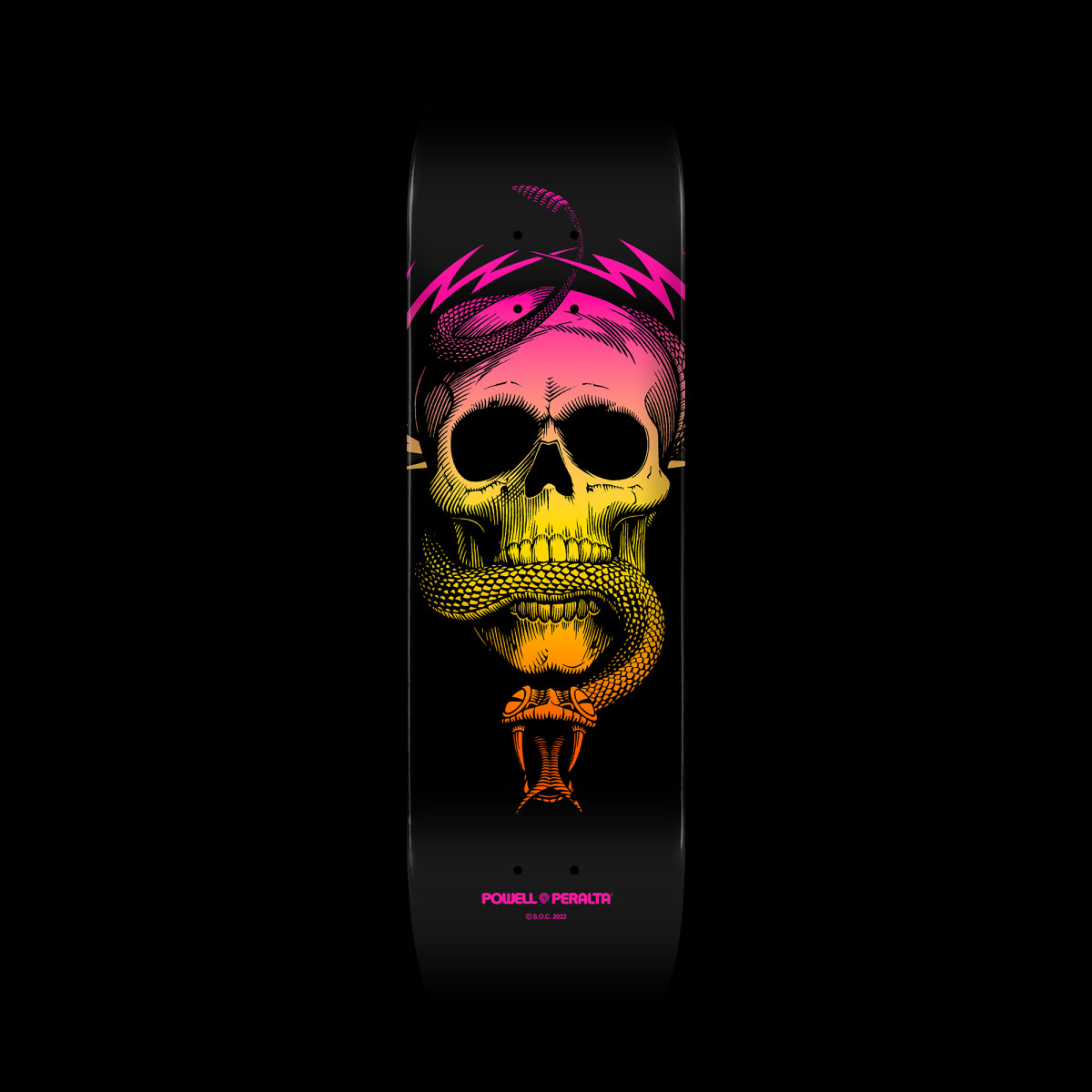 Powell Peralta McGill Skull & Snake Fade Orange- Shape 247 skateboard deck: A skull with a snake coiled through its jaw and lightning bolts above, in a pink to yellow to orange gradient on a black deck, with a Powell Peralta logo below.