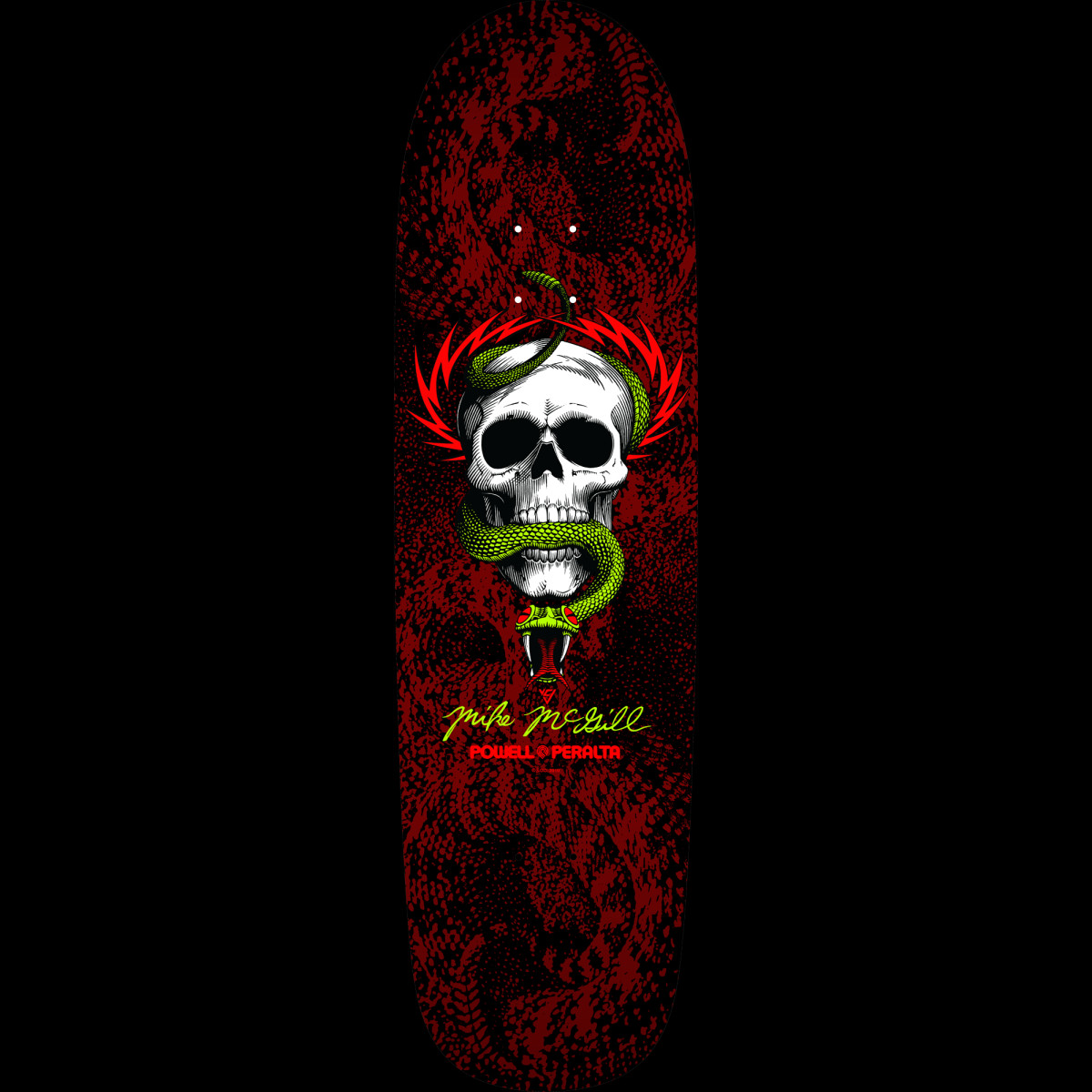 Powell Peralta McGill Snake Skin Fun Shape 2 Black/Red skateboard deck: Dark red snakeskin-pattern deck with the McGill skull with a green snake coiled through it, framed by red lightning-like spikes. Signature and Powell Peralta logo below.