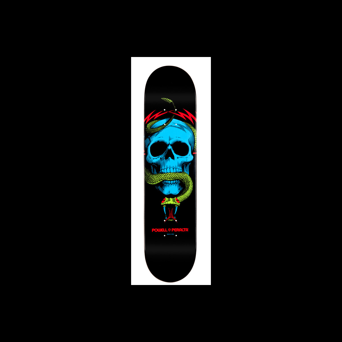 Powell Peralta Mike McGill Blacklight Skull & Snake skateboard deck: A blue skull with a green snake coiled around it and red lightning-bolt shapes behind, on a black deck.