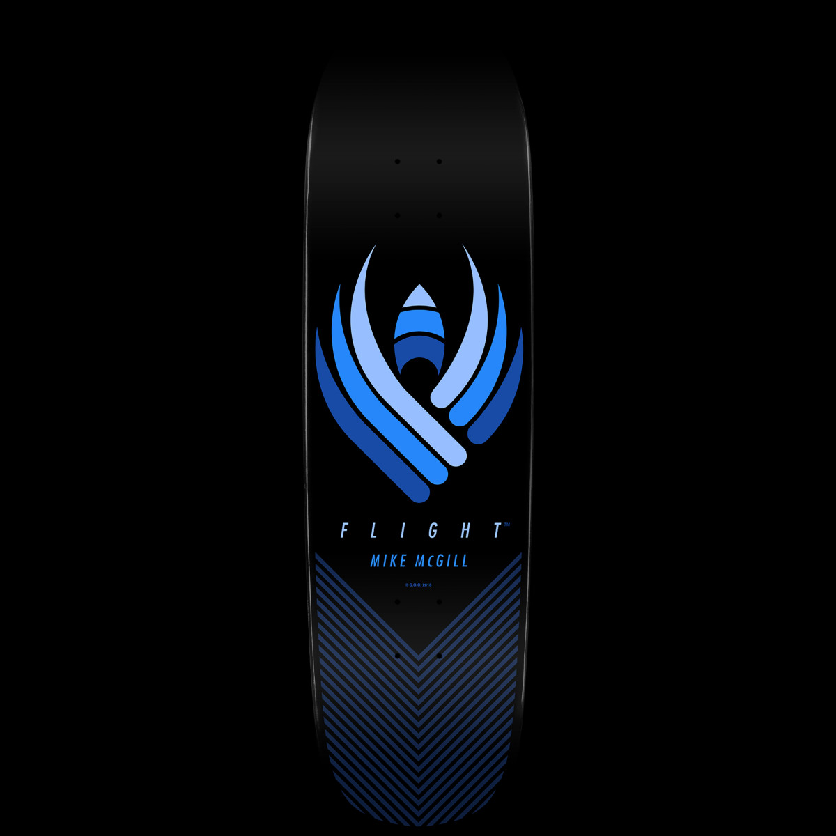 Powell Peralta Mike McGill Flight - Shape 218 skateboard deck: A blue abstract winged emblem in layered shades of blue on a black deck, with Flight and Mike McGill lettered below and a blue chevron line pattern across the tail.