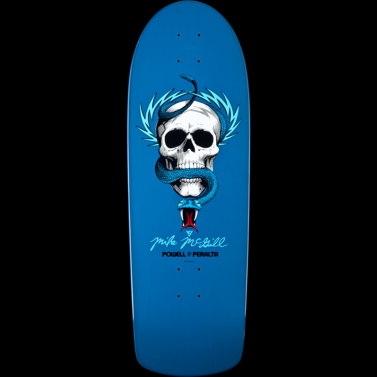 Powell Peralta Mike McGill Skull and Snake Blue skateboard deck: A white skull with a blue snake coiled around it and pale blue lightning bolts behind, printed on a mid-blue deck. A light blue signature and the Powell Peralta logo sit below.