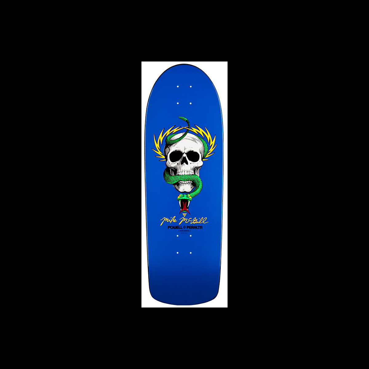 Powell Peralta Mike McGill Skull & Snake Blue skateboard deck: A white skull with a green snake coiled around it and yellow lightning bolts behind, on a royal blue deck. A yellow signature and the Powell Peralta logo sit below.