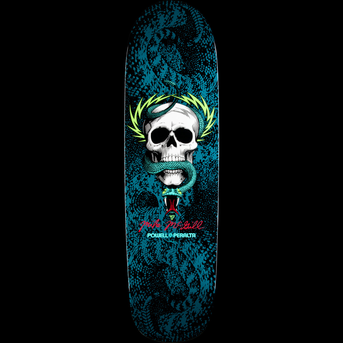 Powell Peralta Mike McGill Snake Skin Funshape skateboard deck: White skull with a teal snake coiled through its jaw and a yellow-green lightning wreath, over a teal and black snakeskin-pattern background. Signature and Powell Peralta logo below.
