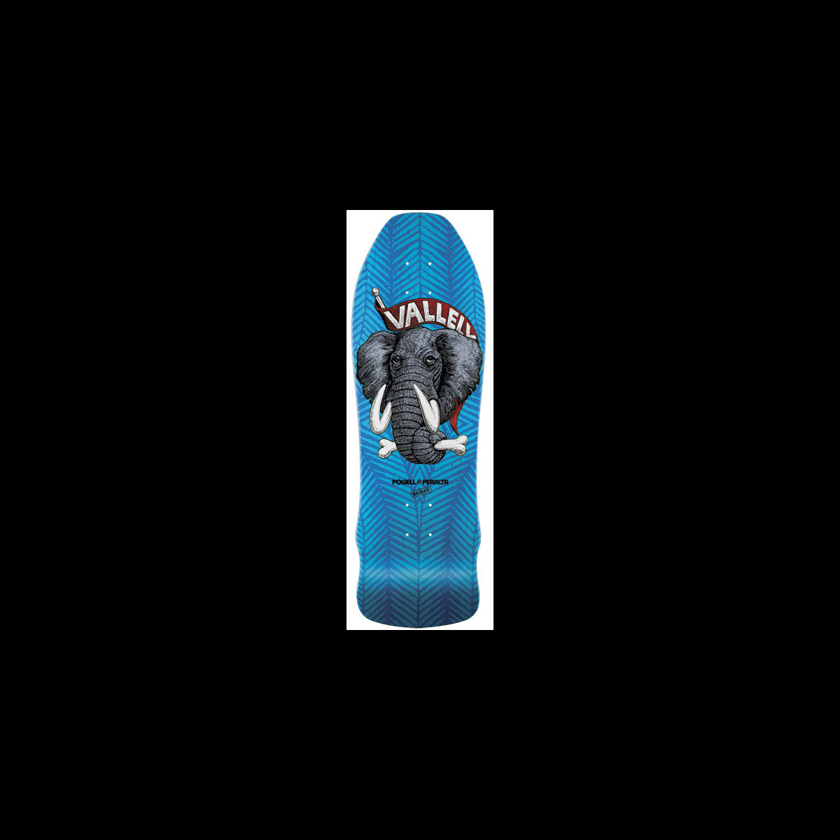 Powell Peralta Mike Vallely Blue Reject Elephant skateboard deck: A grey elephant head with white tusks and a bone in its trunk sits under red Vallely lettering with a dagger, on a blue deck patterned with herringbone lines.