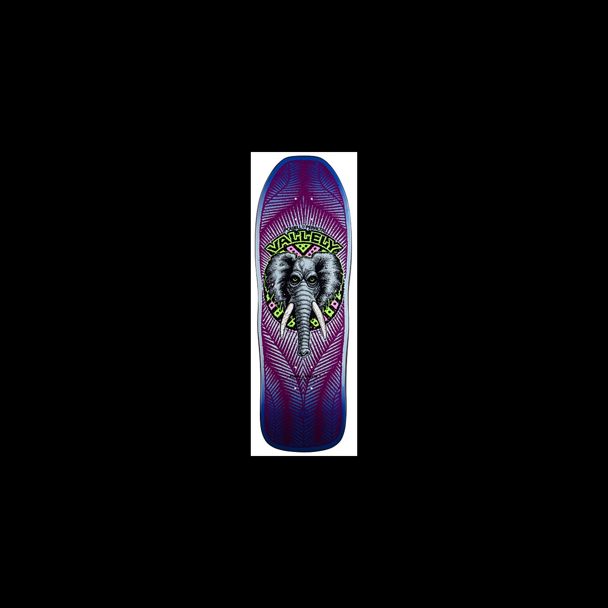 Powell Peralta Mike Vallely Elephant - Purple skateboard deck: A grey elephant head with tusks inside a green circular emblem with pink patterning, above the name Vallely, on a purple deck with a feathered line pattern and blue edges.