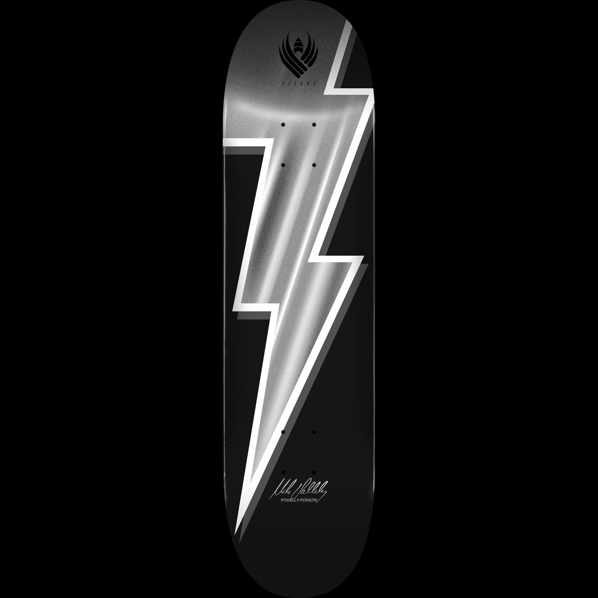 Powell Peralta Mike Vallely Lightning Bolt FLIGHT Silver Foil skateboard deck: Black deck dominated by a large silver foil lightning bolt with white outline running diagonally, with a Flight logo at the nose and the rider's signature near the tail.