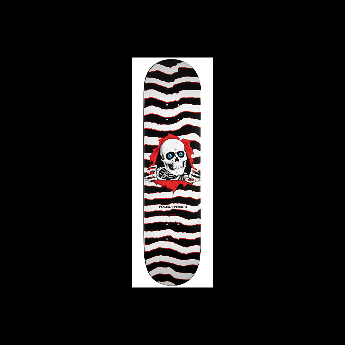 Powell Peralta New School Ripper skateboard deck: Skull with blue eyes and skeletal hands tearing through a red rip in the deck, over wavy torn-edge black and white stripes with red edging.
