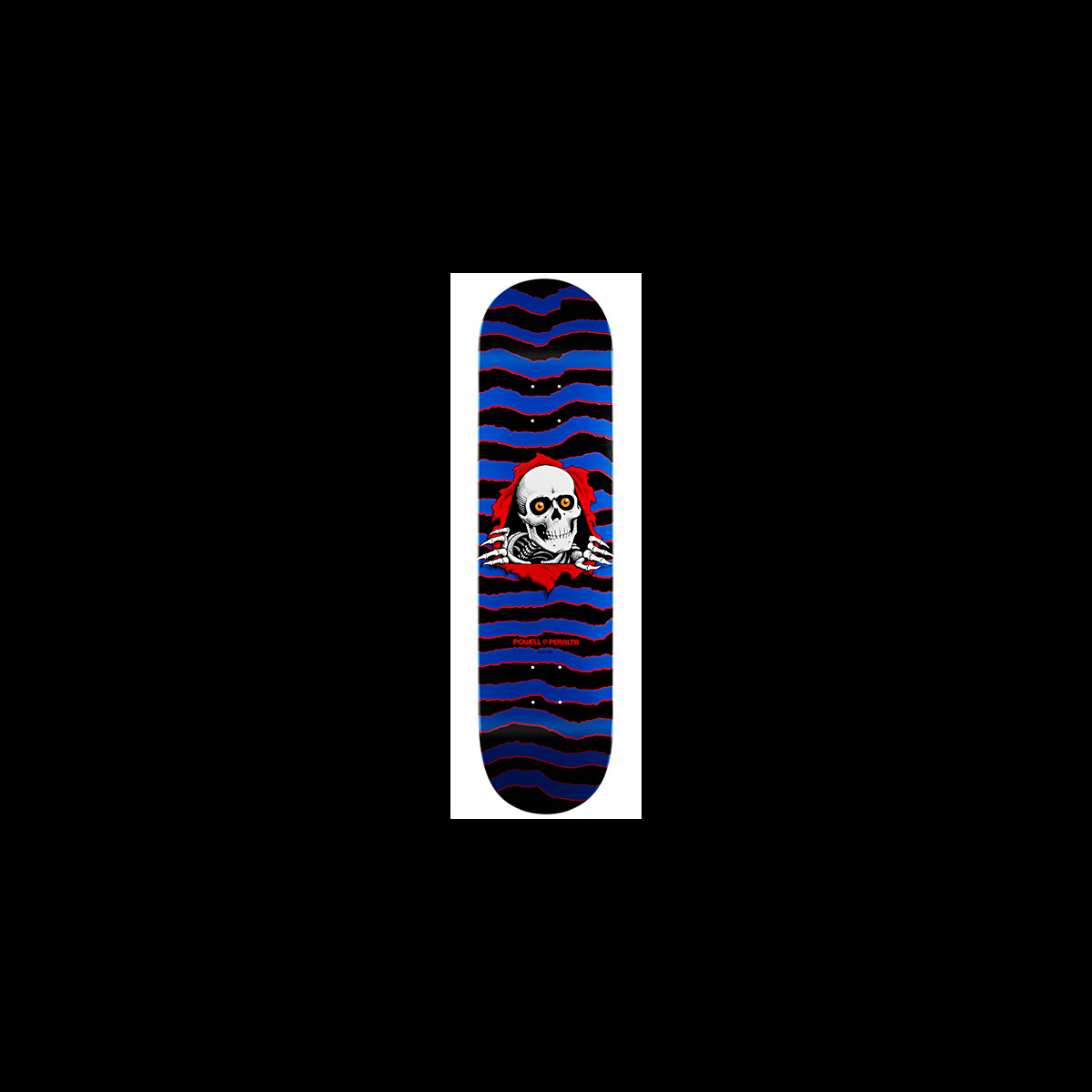 Powell Peralta New School Ripper skateboard deck: Skull with orange eyes and skeletal hands tearing through a red rip in the deck, over wavy torn-edge blue, black and red stripes.