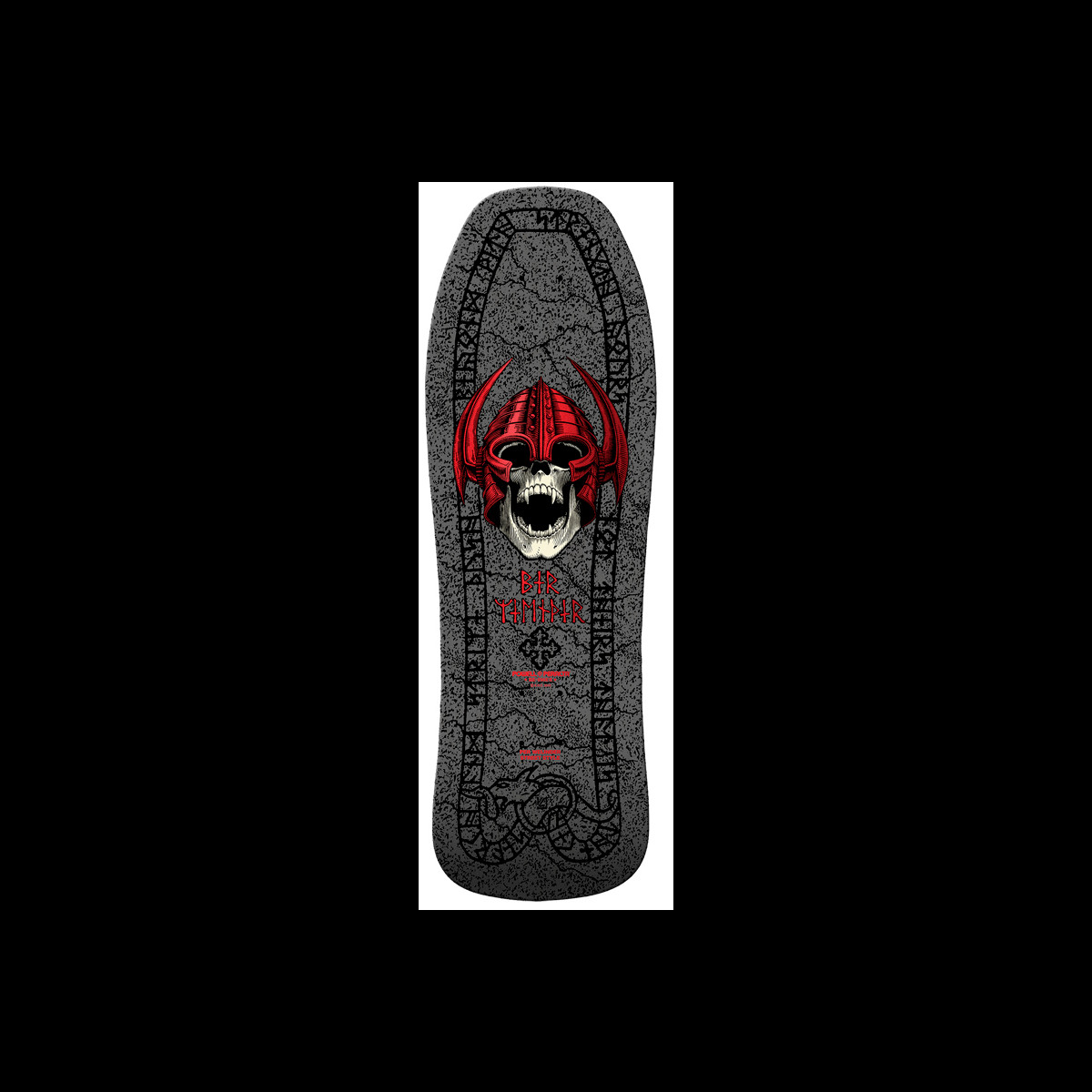 Powell Peralta Per Welinder Nordic Skull Gray skateboard deck: A white skull in a red horned Viking helmet with its mouth open, on a cracked grey stone-effect deck bordered by a runic inscription and a serpent at the tail. Welinder's name and a Celtic knot sit beneath the skull.