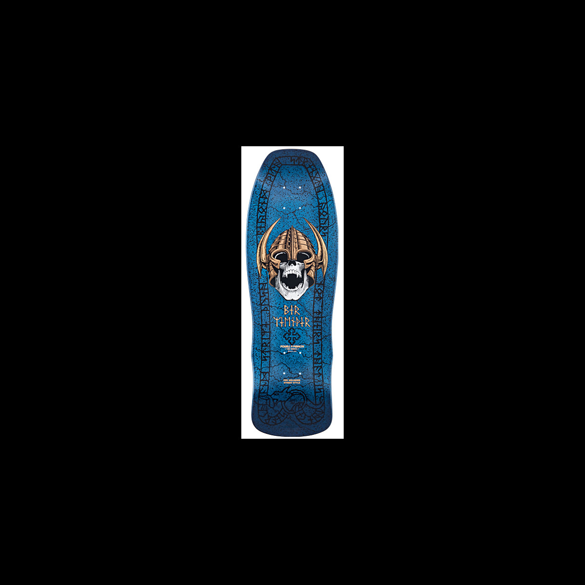 Powell Peralta Per Welinder Nordic Skull Blue skateboard deck: A white skull in a gold horned Viking helmet with its mouth open, on a cracked blue stone-effect deck bordered by a runic inscription and a serpent at the tail. Welinder's name in runes and a Celtic cross sit beneath the skull.
