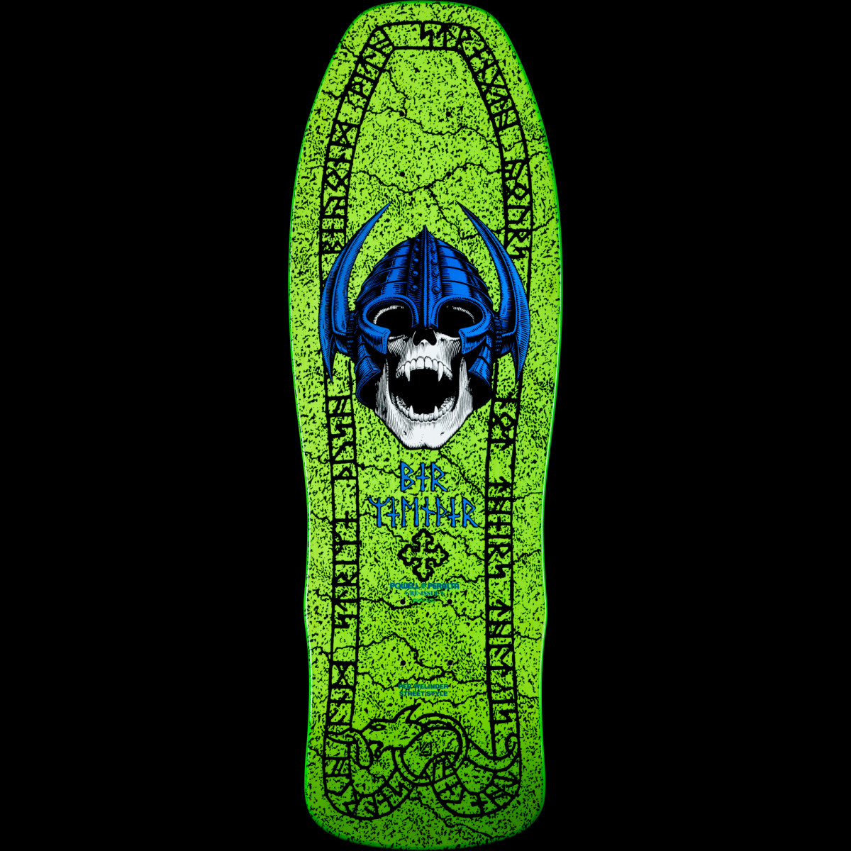 Powell Peralta Per Welinder Nordic Skull Green skateboard deck: A white skull in a blue horned Viking helmet with its mouth open, on a cracked lime green stone-effect deck bordered by a runic inscription and a serpent at the tail. Welinder's name in runes and a Celtic cross sit beneath.
