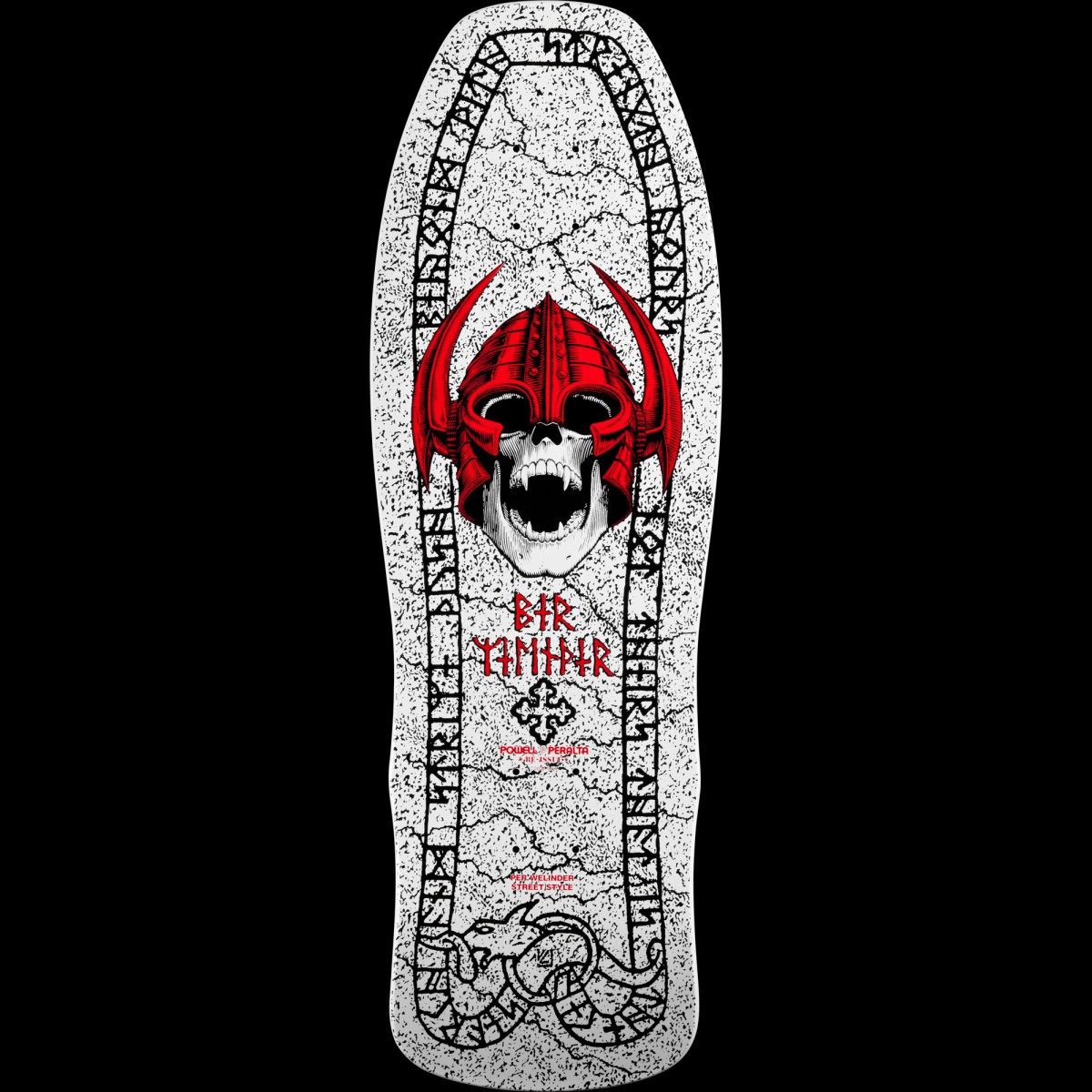 Powell Peralta Per Welinder Nordic Skull White skateboard deck: A white skull in a red horned Viking helmet with its mouth open, on a cracked white stone-effect deck bordered by a black runic inscription and a serpent at the tail. Welinder's name in red runes and a Celtic cross sit beneath.