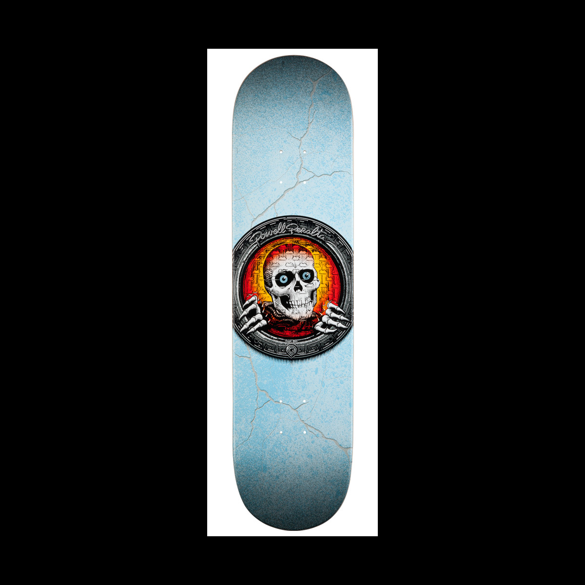 Powell Peralta Pool Light Ripper Red skateboard deck: A Ripper skull with skeletal hands gripping the edge of a round metal porthole-style frame, glowing orange and red behind it, on a pale blue deck with a cracked, concrete-like texture.
