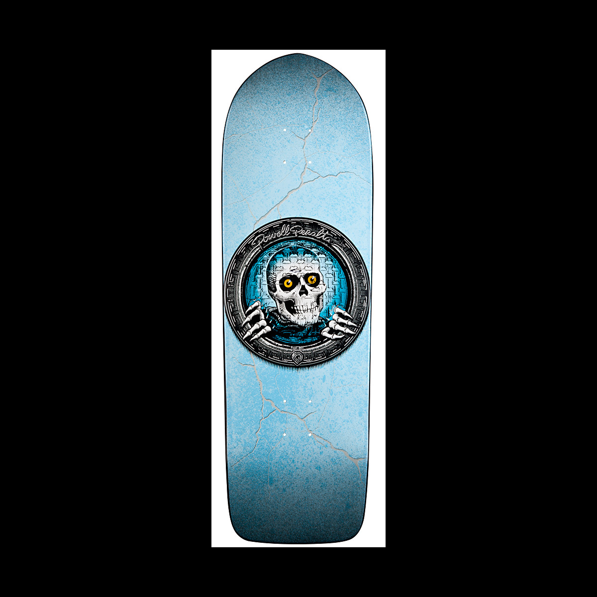 Powell Peralta Pool Light Ripper Turquoise skateboard deck: A white skull with amber eyes and skeletal hands bursts out of a round grey porthole-style frame with a blue brick interior, on a pale blue cracked-texture deck.