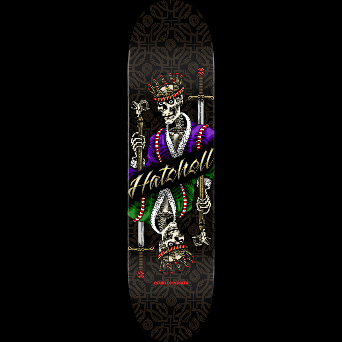 Powell Peralta Pro Ben Hatchell King skateboard deck: Mirrored playing-card-style crowned skeleton king in purple and green robes holding a sceptre and sword, with the rider's name in gold script across the middle, on a black deck with a subtle knotwork pattern.