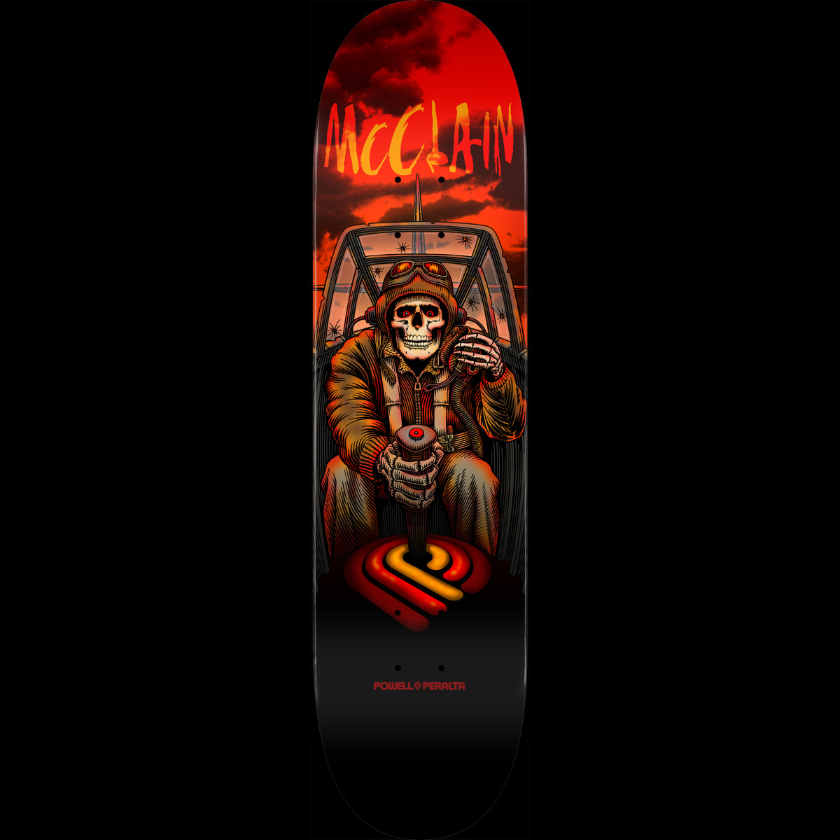 Powell Peralta Pro Brad McClain Pilot skateboard deck: Skeleton pilot in a leather flying jacket and goggles sitting in a cockpit holding the control stick, under a fiery red sunset sky. 'McClain' in orange brush lettering at top and the Powell Peralta logo on the stick.