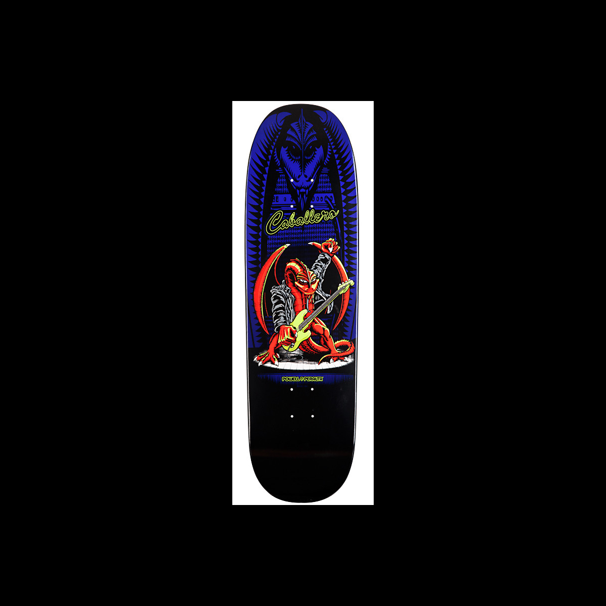 Powell Peralta Pro Caballero Guitar Dragon skateboard deck: A red dragon in a leather jacket plays a bass guitar on stage, under a dark blue winged dragon-head motif, with the rider's name in yellow-green script, on a blue-to-black deck.