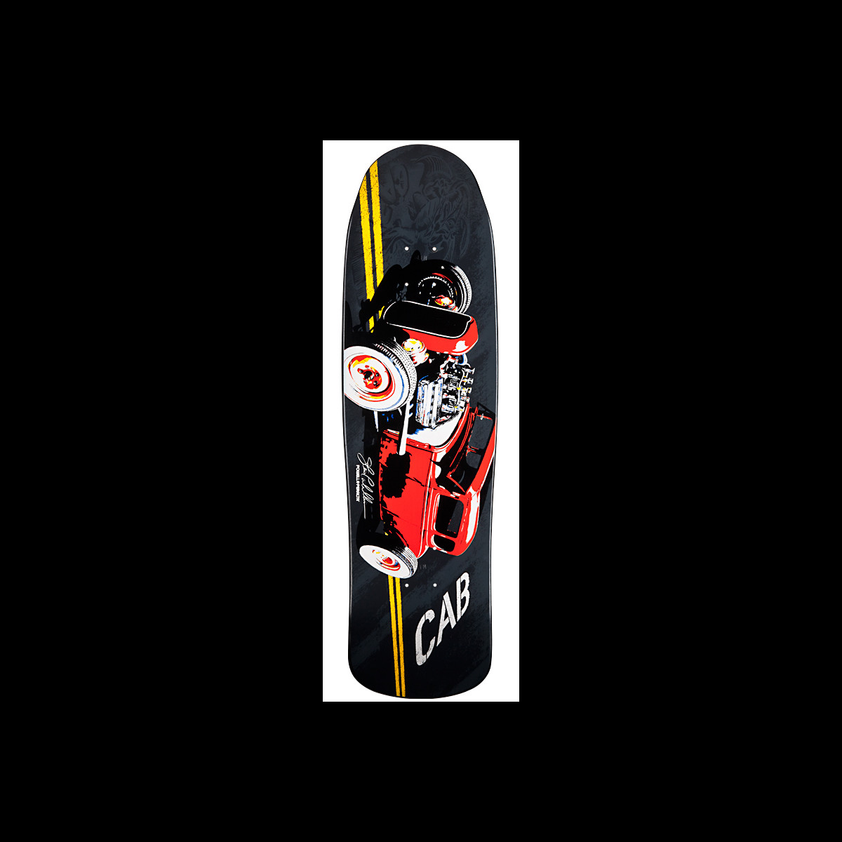 Powell Peralta Pro Caballero Red Hot Rod skateboard deck: A photographic red hot rod seen from above, with exposed engine, runs along a road with double yellow lines on a black deck, with a signature and the word in silver.