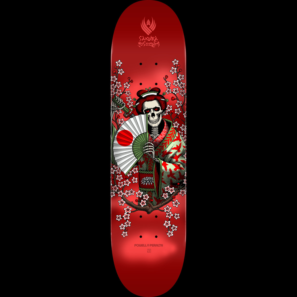 Powell Peralta Pro Flight Yosozumi Samurai Red - Shape 243 K20 skateboard deck: Skeleton dressed in a floral kimono holding a folded fan with a red sun, surrounded by cherry blossom branches and a katana, on a glossy metallic red deck.
