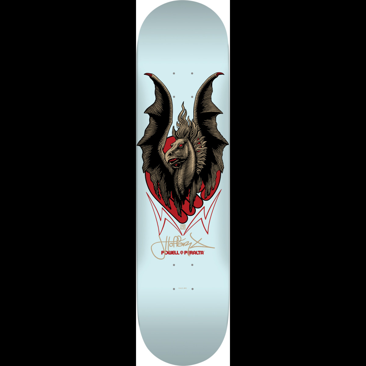 Powell Peralta Pro Hoffart Pegasus 4 skateboard deck: A winged horse with dark bat-like wings and red eyes drawn in engraved line style over a red shape, with a red zigzag line and a gold signature below, on a pale blue deck.