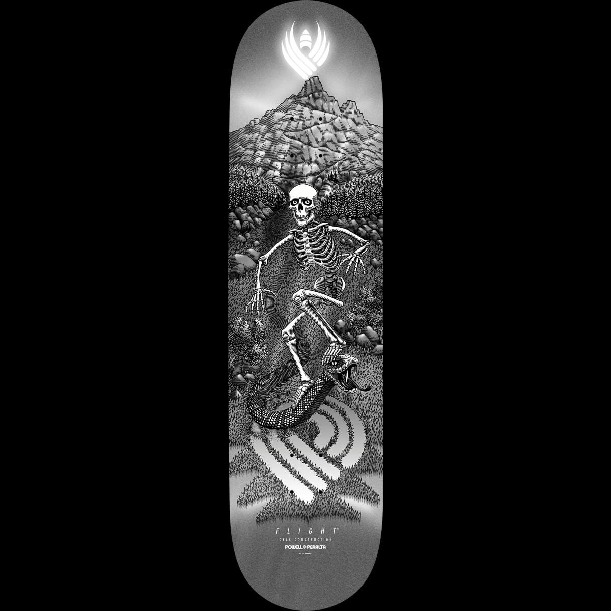Powell Peralta Pro JM Duran Slidewinder 5 FLIGHT Silver Foil - 266 K24 skateboard deck: Greyscale illustration of a skeleton riding a skateboard down a path through a mountain valley, with a rattlesnake coiled at its feet. A glowing winged logo sits above the peak and a large Flight emblem is at the tail.