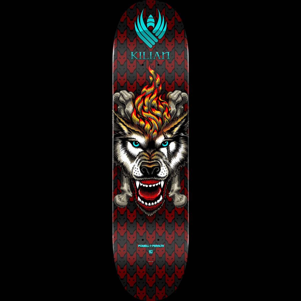 Powell Peralta Pro Kilian Martin Wolf Flight - Shape 242 skateboard deck: Snarling blue-eyed wolf head with a flame on its brow and crossed bones behind, over a repeating red and grey wolf-head pattern, with the teal winged Powell Peralta logo and 'KILIAN' at the top.