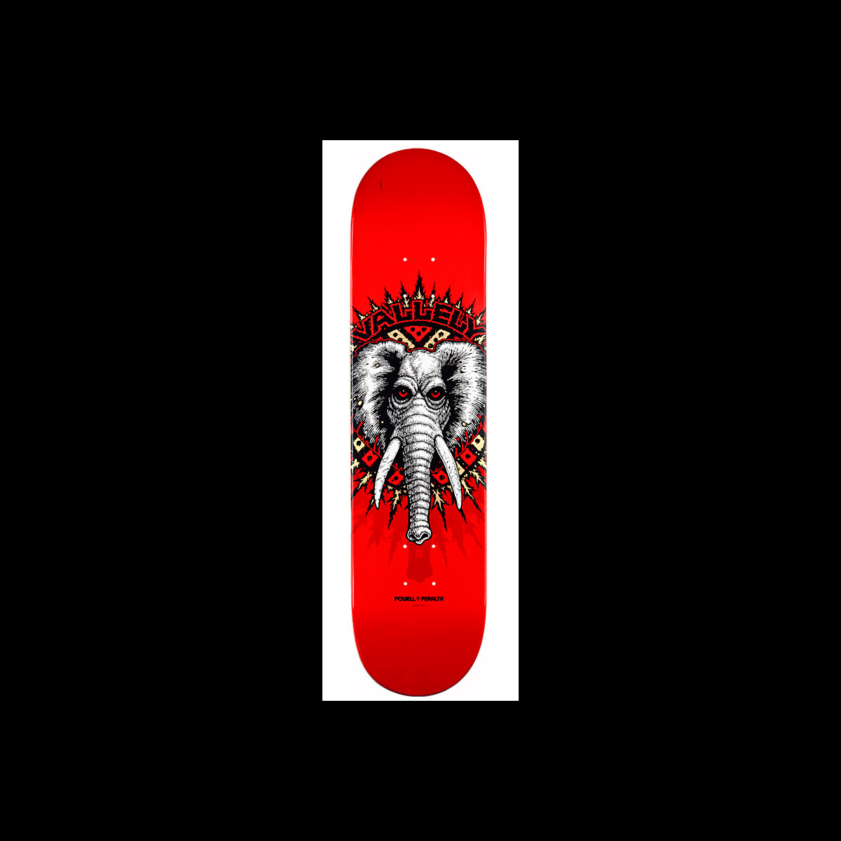 Powell Peralta Pro Mike Vallely Street Elephant skateboard deck: A grey elephant head with red eyes and white tusks sits in a spiked red, black and cream tribal sunburst on a red deck, with Vallely lettered across the top. The Powell Peralta logo is below.