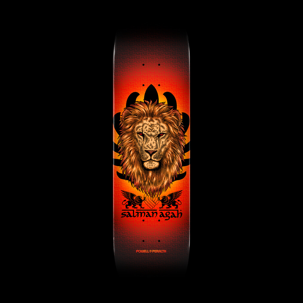 Powell Peralta Pro Salman Agah Lion - Shape 242 skateboard deck: A detailed illustrated lion's head with a golden mane in front of black leaf-like shapes, with two small winged griffins beneath. The background glows from orange-red to black with a subtle maze pattern.