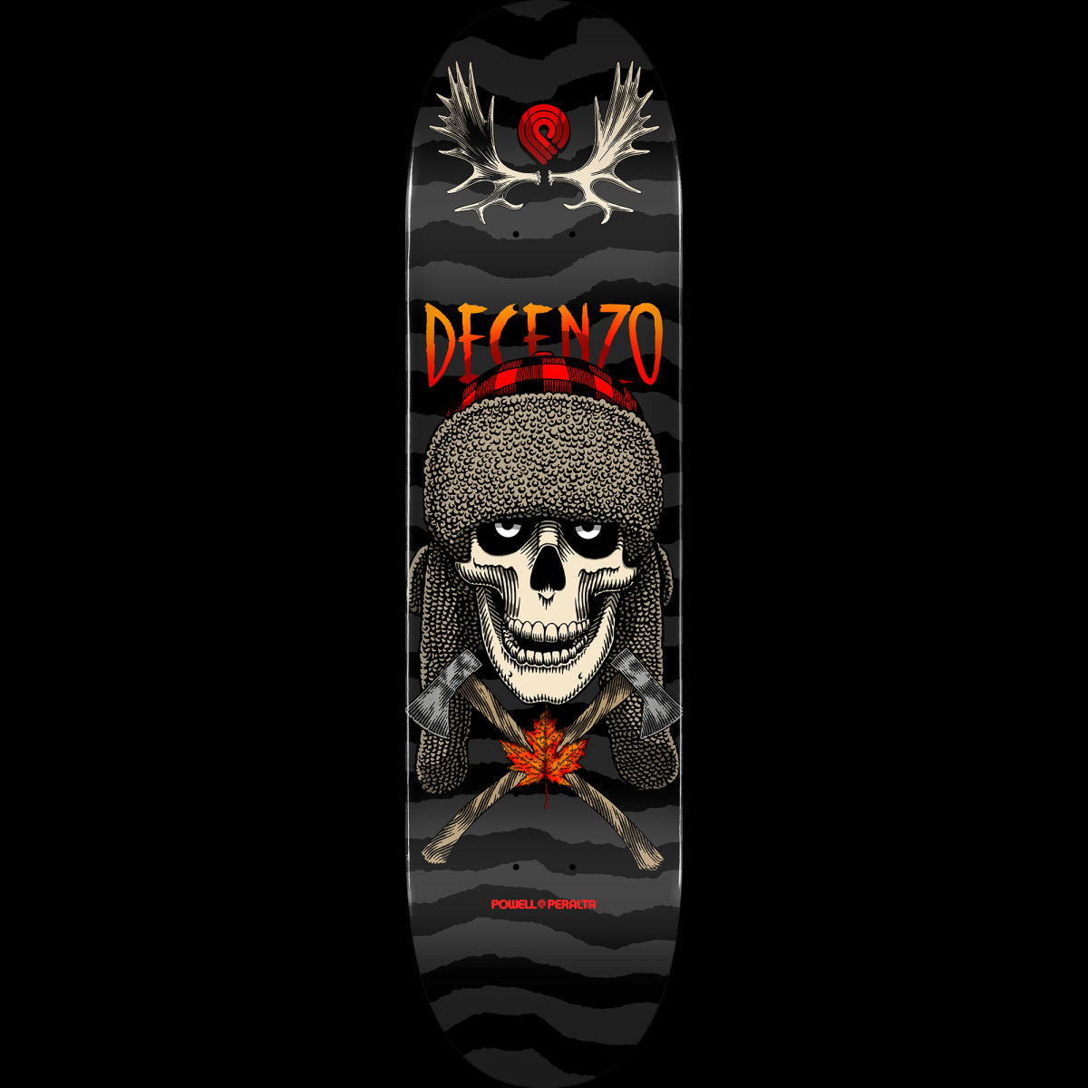Powell Peralta Pro Scott Decenzo Trapper skateboard deck: A grinning skull in a fur-lined trapper hat with red plaid band, set over two crossed axes and a maple leaf, with moose antlers and the Powell Peralta logo above. The background is black and grey torn-stripe camouflage.
