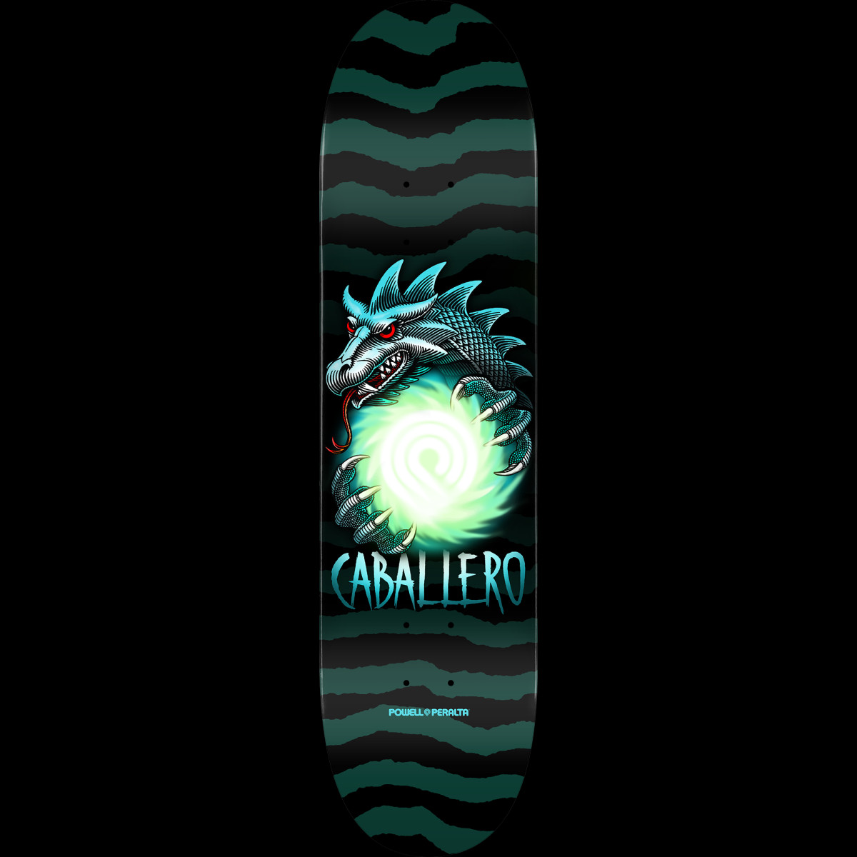 Powell Peralta Pro Steve Caballero Dragon Ball skateboard deck: A teal scaled dragon with red eyes clutches a glowing white orb marked with the Powell Peralta logo, over teal and black torn stripes, with rider name beneath.