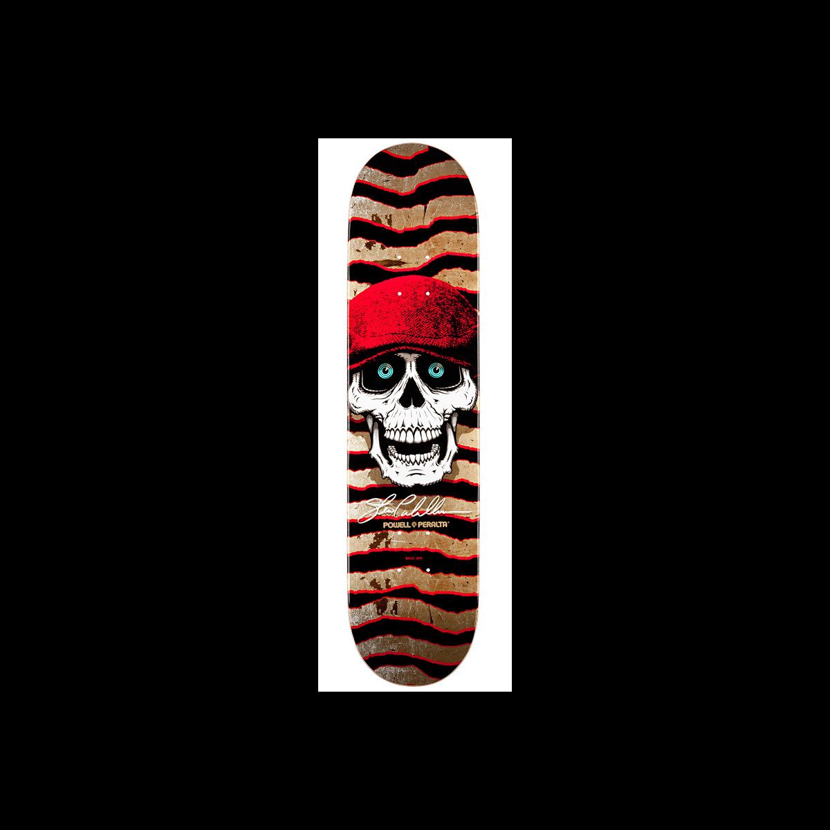 Powell Peralta Pro Steve Caballero Hooligan skateboard deck: A grinning white skull with blue eyes wears a red flat cap, over a black, red and tan wavy striped background, with a signature and Powell Peralta logo below.