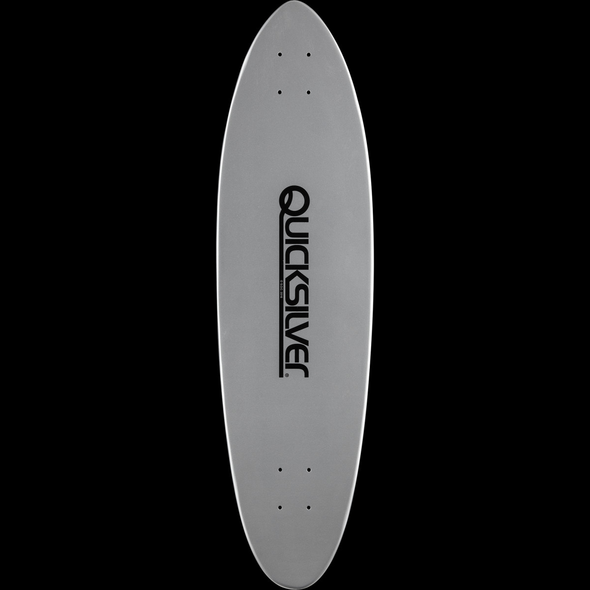 Powell Peralta Quicksilver Silver skateboard deck: A plain silver pintail-shaped deck with the black Quicksilver logo lettered vertically in the centre.