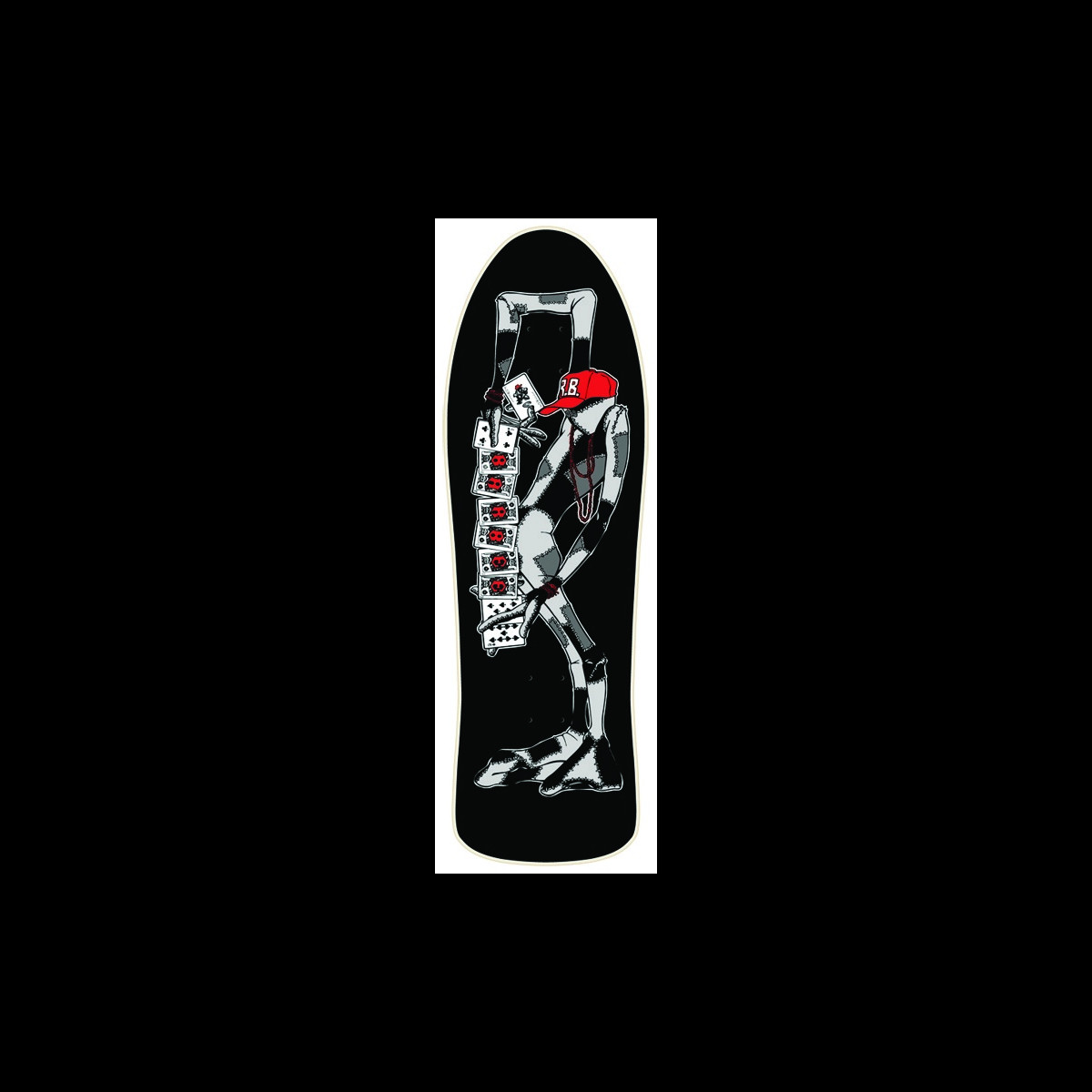 Powell Peralta Ray Barbee Rag Doll skateboard deck: A grey patchwork rag doll in a red cap marked R.B. holding a fanned row of playing cards, drawn on a black deck with a white outline.