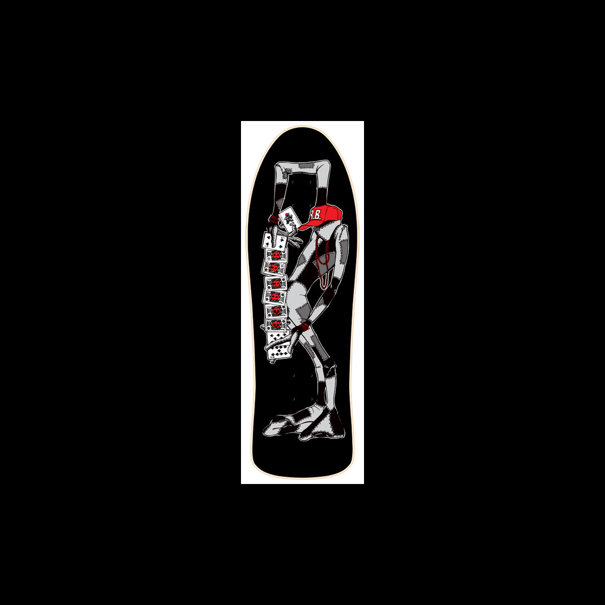 Powell Peralta Ray Barbee Rag Doll (Blem) skateboard deck: Patchwork rag doll in grey and white wearing a red cap marked R.B., holding a long fan of playing cards, on a black deck.