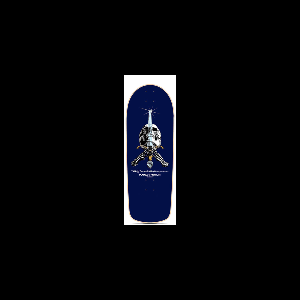 Powell Peralta Ray Bones Rodriguez skateboard deck: Navy blue old-school deck with a skull above crossed skeletal arms gripping a sword that pierces upward with a starburst, with the rider's signature and Powell Peralta logo beneath.