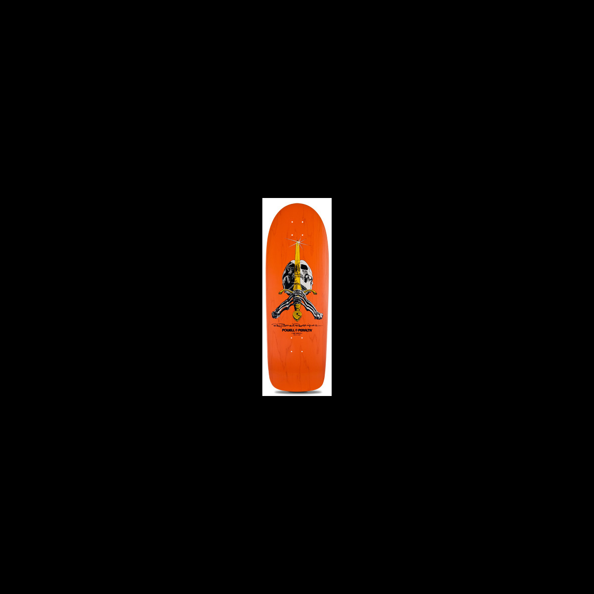Powell Peralta Ray Bones Rodriguez Orange skateboard deck: A skull and sword graphic, a grey skull with a gold-hilted sword through it and snake-like wrapping, with a signature and small Powell Peralta text, on an orange old-school shaped deck.