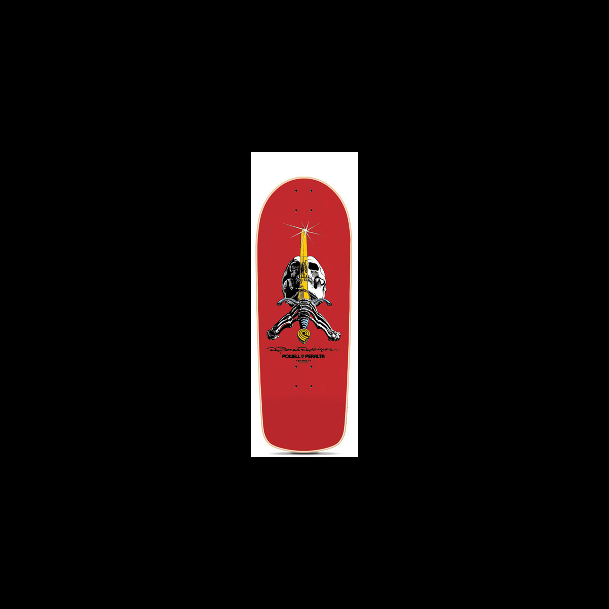 Powell Peralta Ray Bones Rodriguez Red skateboard deck: Red old-school shaped deck with the Skull and Sword graphic: a skull above crossed bones with a golden sword blade through it. Signature and Powell Peralta logo beneath.