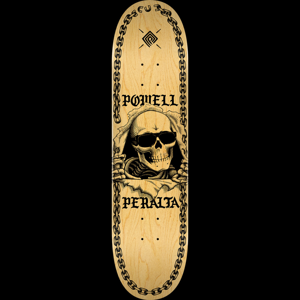 Powell Peralta Ripper Chainz Blem Natural skateboard deck: A skull in sunglasses rips through the surface with clawed hands, framed by black chains down both edges and the brand name in gothic lettering above and below, on a natural wood deck.
