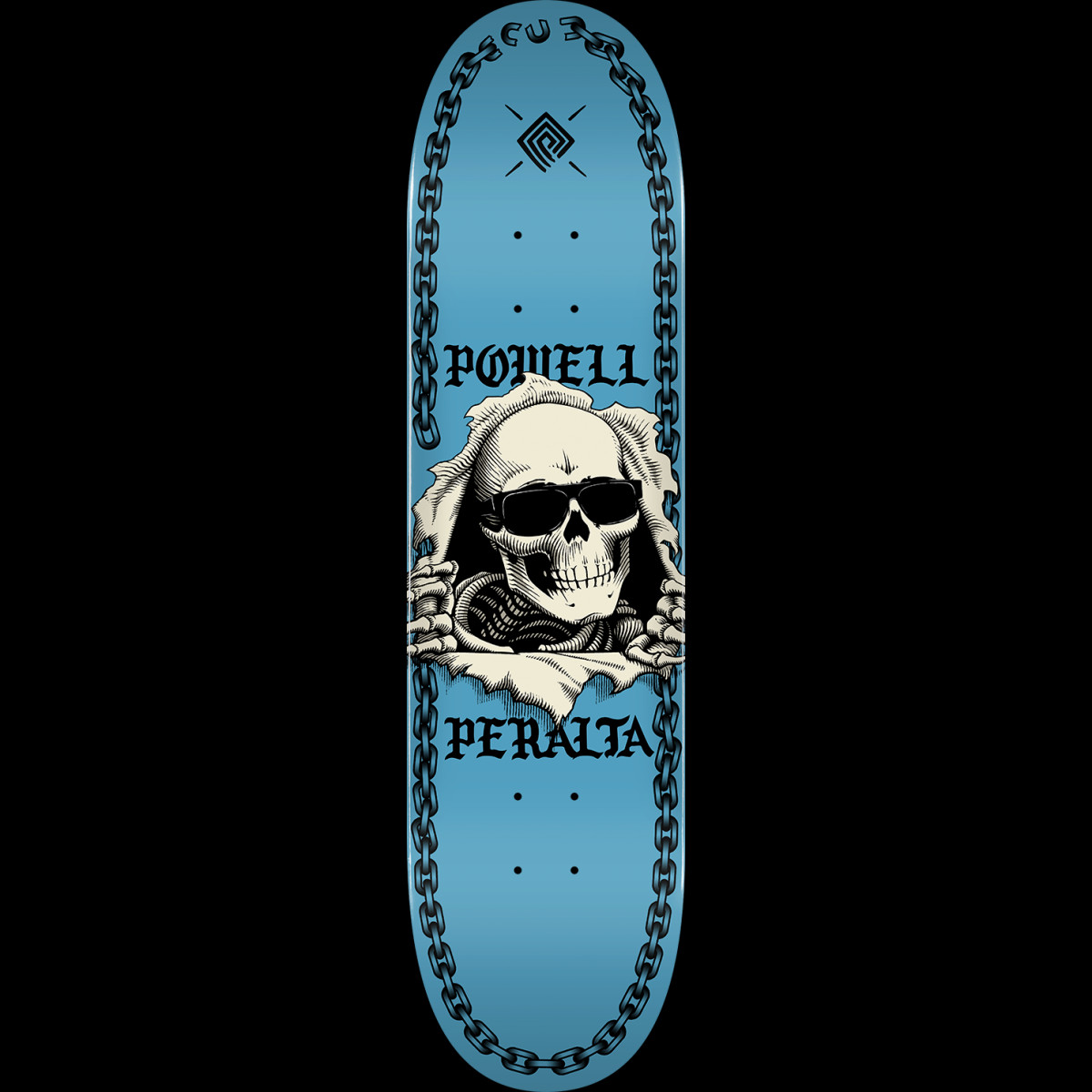 Powell Peralta Ripper Chainz Navy skateboard deck: A skull in sunglasses tears through the deck surface with skeletal hands gripping the rip, framed by blackletter Powell Peralta lettering above and below. A heavy chain runs down both edges on a blue deck.