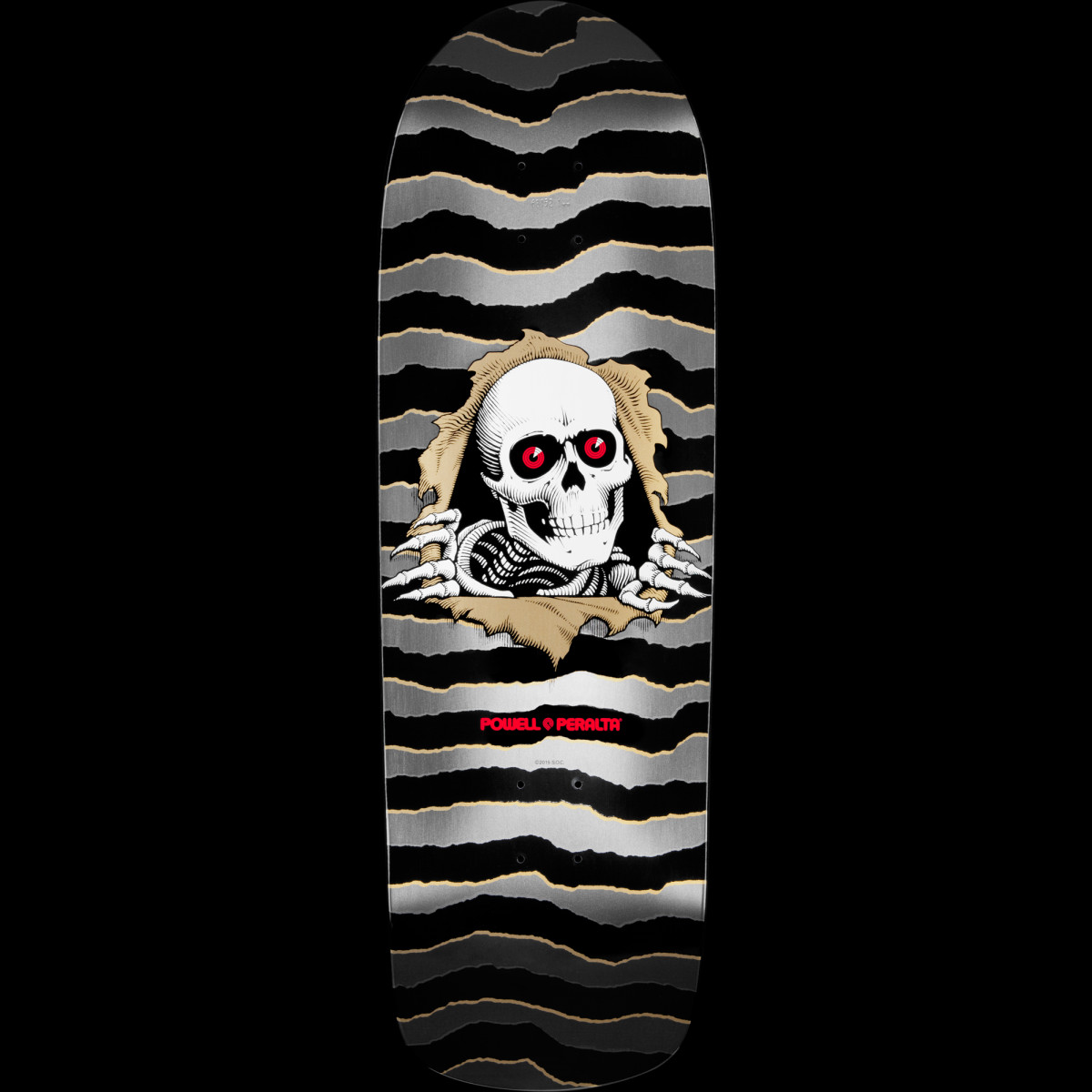 Powell Peralta Ripper Grey skateboard deck: A white skull with red eyes and skeletal hands tears through a torn tan background, on a black and silver-grey wavy striped deck with a Powell Peralta logo below.