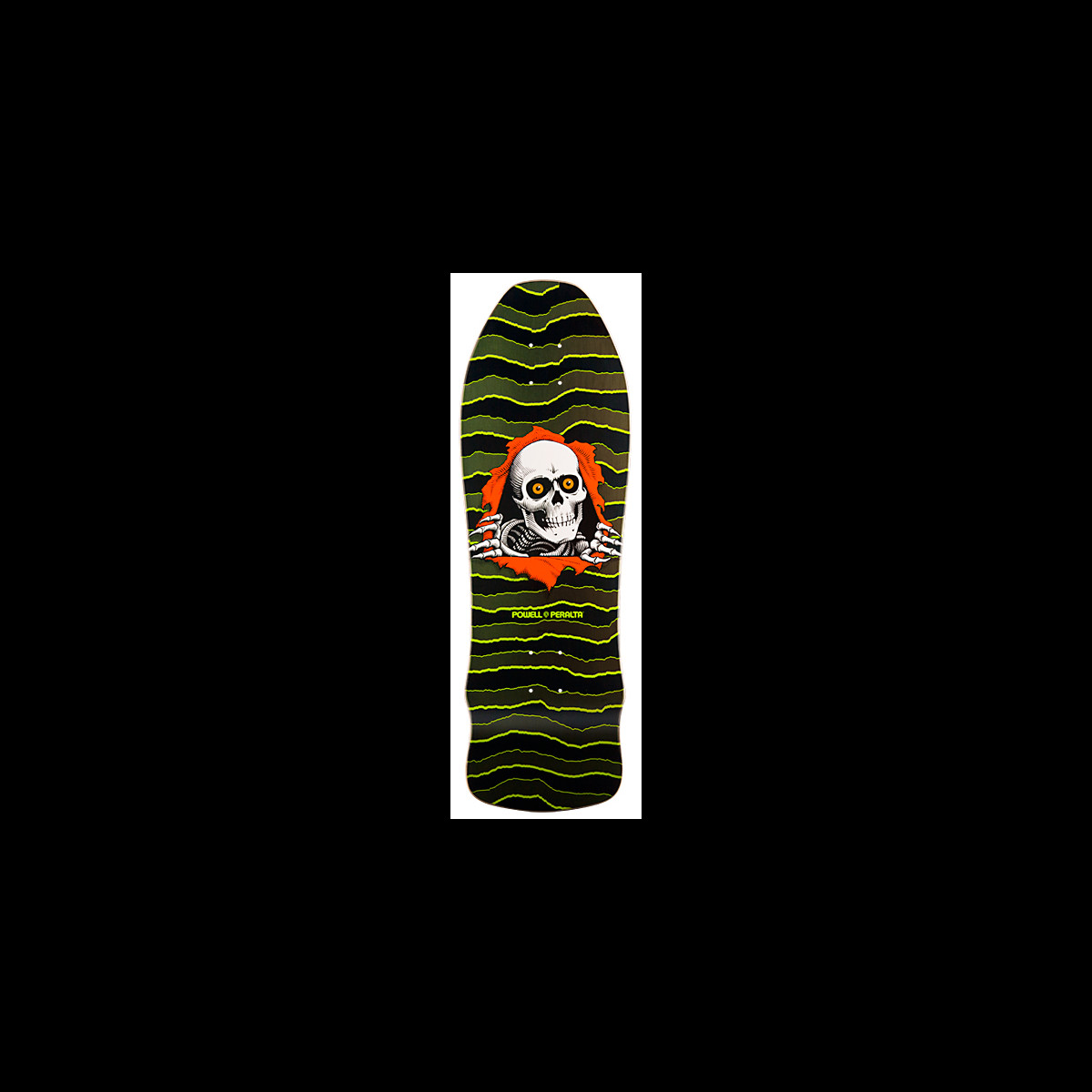 Powell Peralta Ripper Limited Edition skateboard deck: A skull with orange eyes and clawed hands tears through an orange rip, over wavy lime green contour lines on a dark green old-school shaped deck.