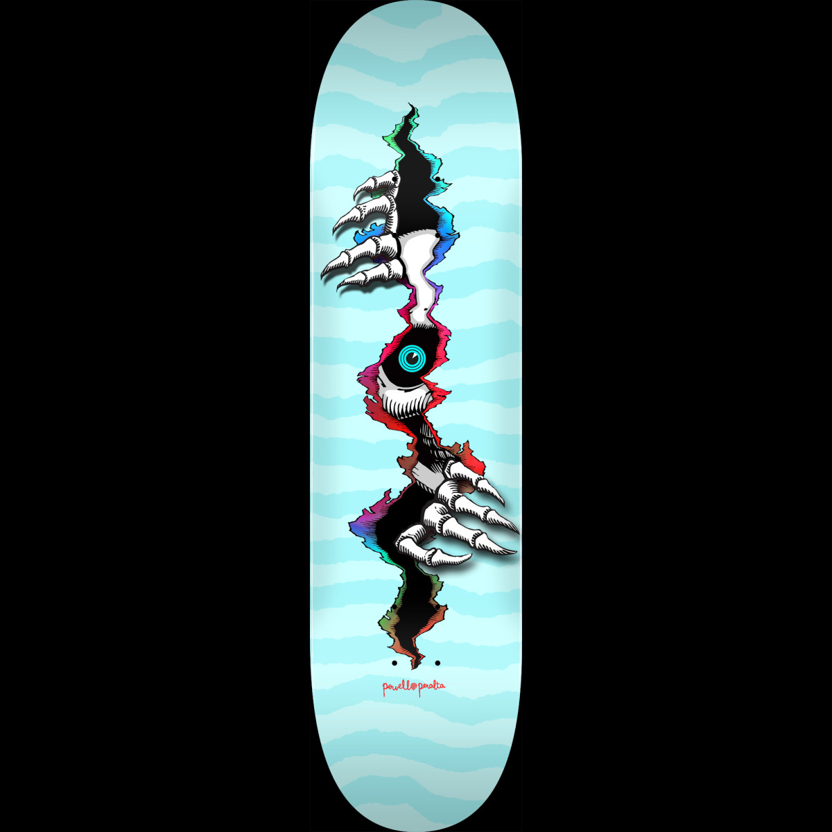 Powell Peralta Ripper Peeker Blem Lt. Blue skateboard deck: A jagged tear down the middle of a light blue wavy-striped deck reveals a staring eye and two skeletal clawed hands pulling the rip open.