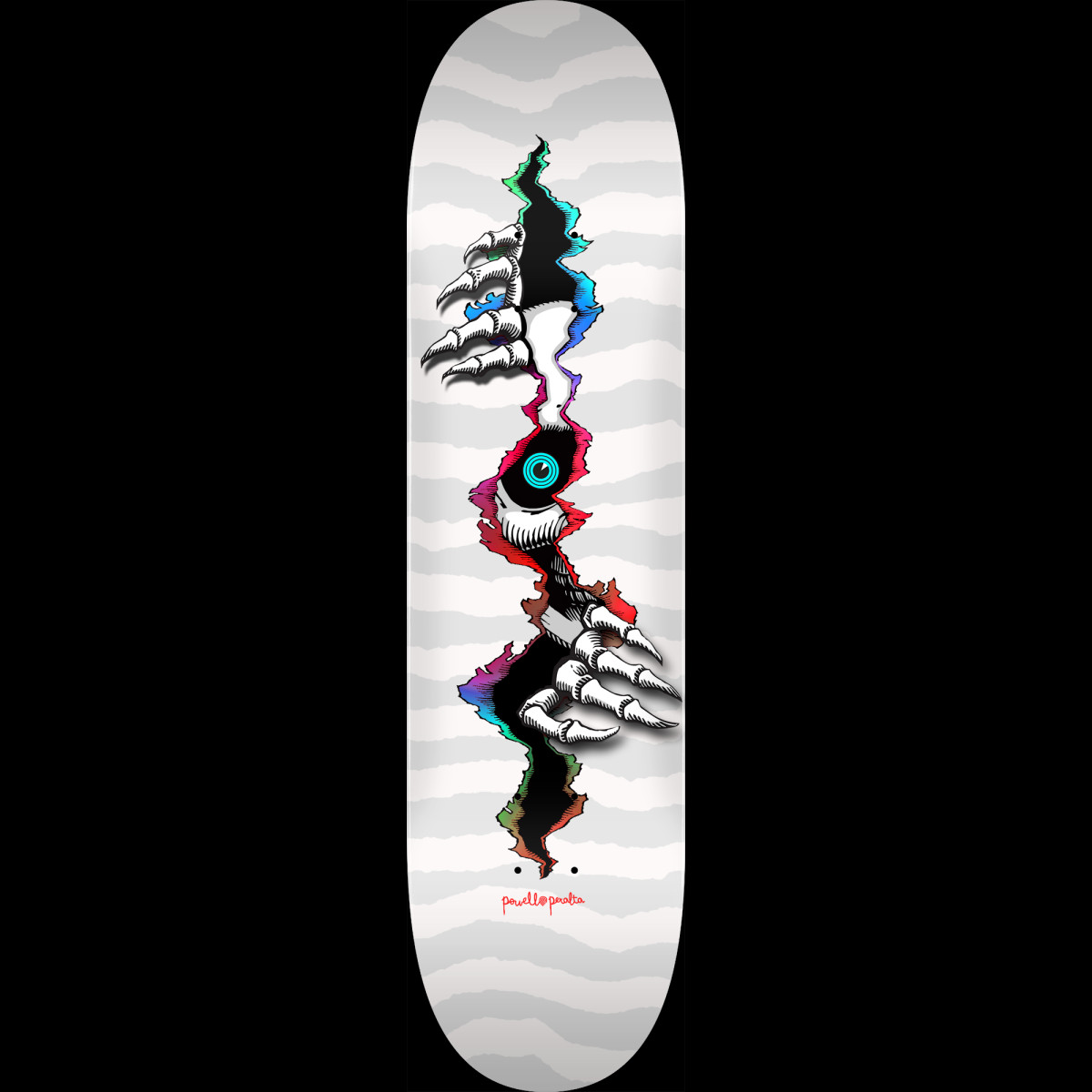 Powell Peralta Ripper Peeker Blem White 243 K20 skateboard deck: Skeletal clawed hands pull open a jagged tear in a white deck, revealing a staring blue eye with rainbow-edged torn paper, over faint grey wavy stripes. Small red Powell Peralta lettering is near the tail.
