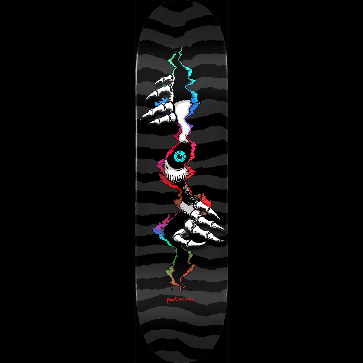 Powell Peralta Ripper Peeker Black 244 K20 skateboard deck: Two skeletal claws peel back a rip in a black and grey torn-stripe surface, revealing a single cyan-irised eye framed by rainbow-coloured edges. Powell Peralta signature in red near the tail.