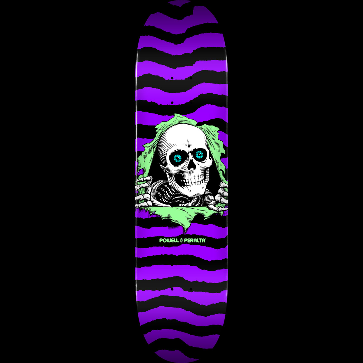 Powell Peralta Ripper Blem Purple 244 K20 skateboard deck: A skull with blue eyes and clawed hands rips through a green torn patch over purple and black wavy stripes.