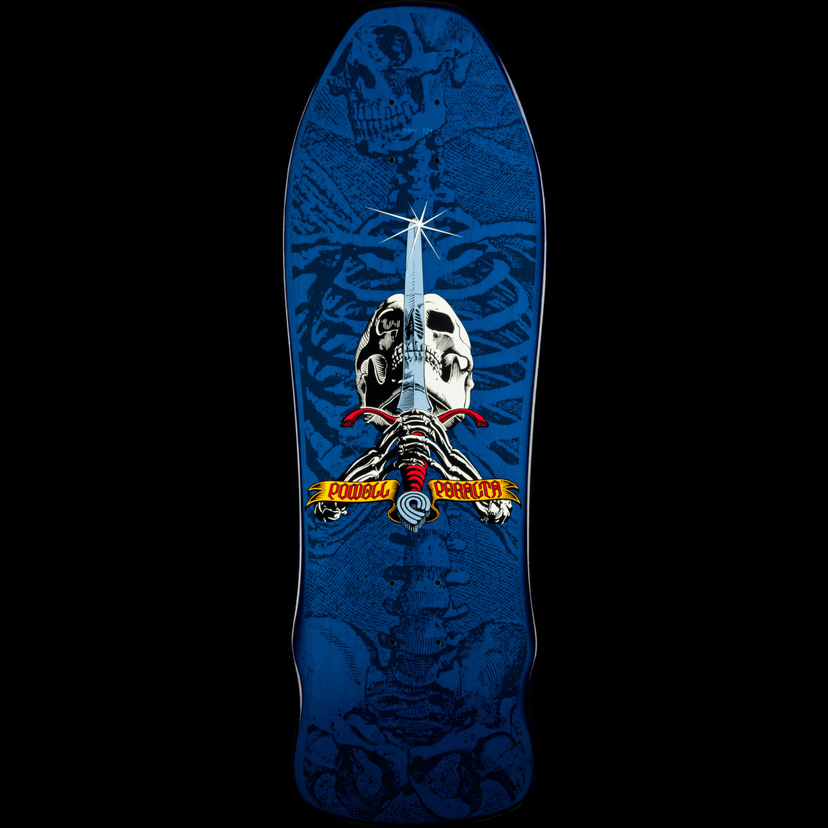 Powell Peralta Rodriguez Geegah Skull and Sword Blue skateboard deck: Skull with a sword through it, held by skeletal hands, with a gold Powell Peralta banner across the bottom. Background is a faint ribcage, skull and pelvis in a blue-toned X-ray style.